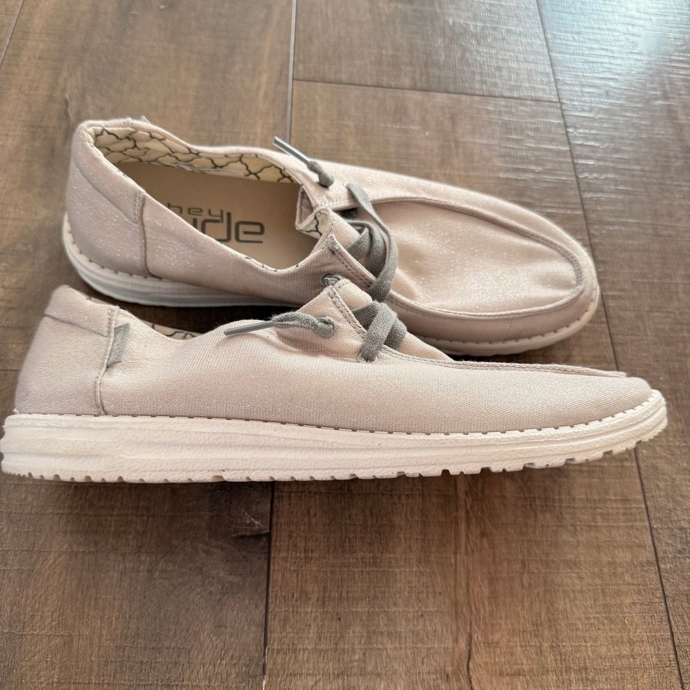 Hey Dude Women Wendy Sparkle Beige Casual Slip‎ On Loafers Comfort Shoes Size 11